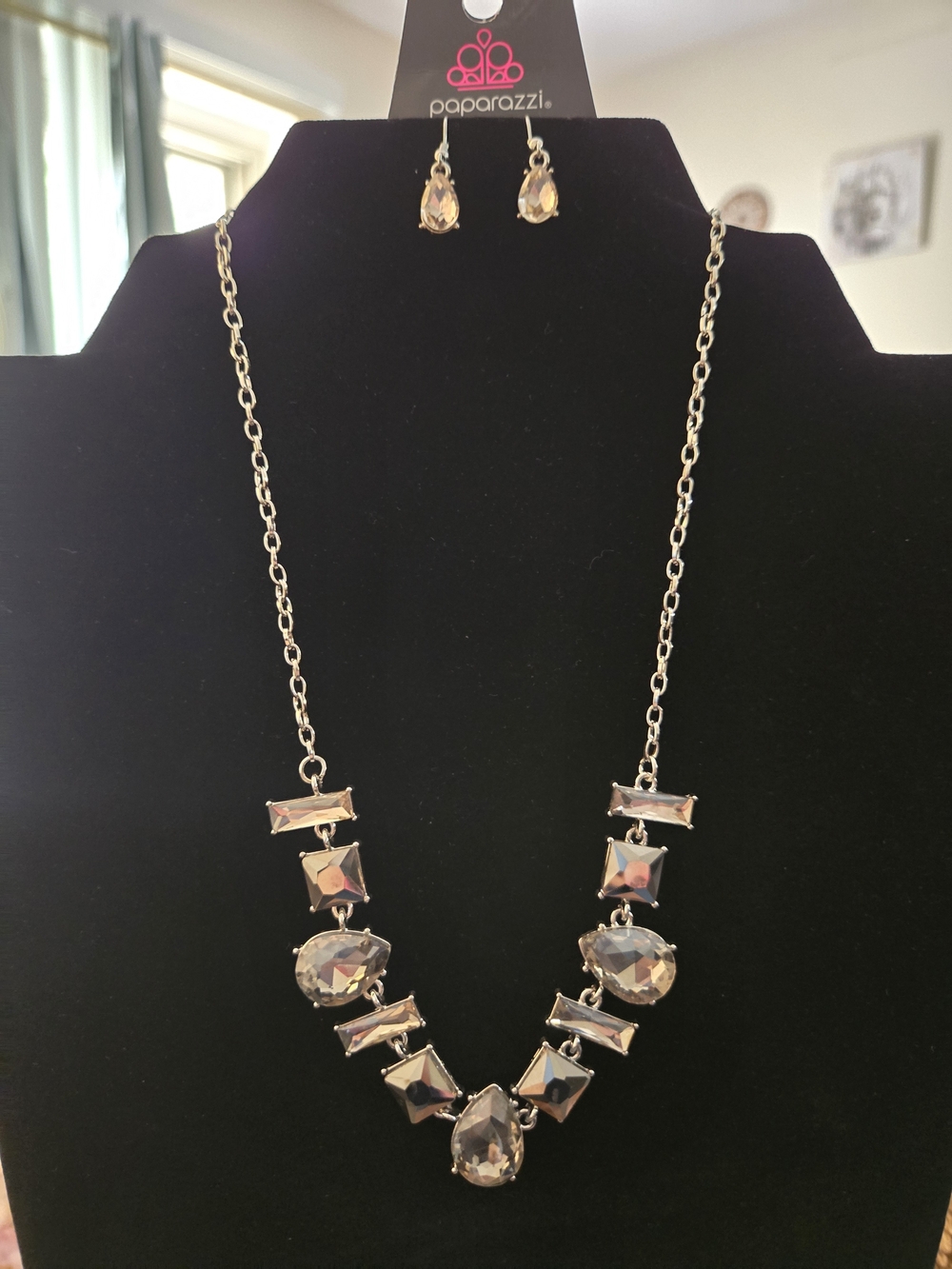 paparazzi Silver Tone Iridescent Crystal Bib Necklace with Matching Earrings